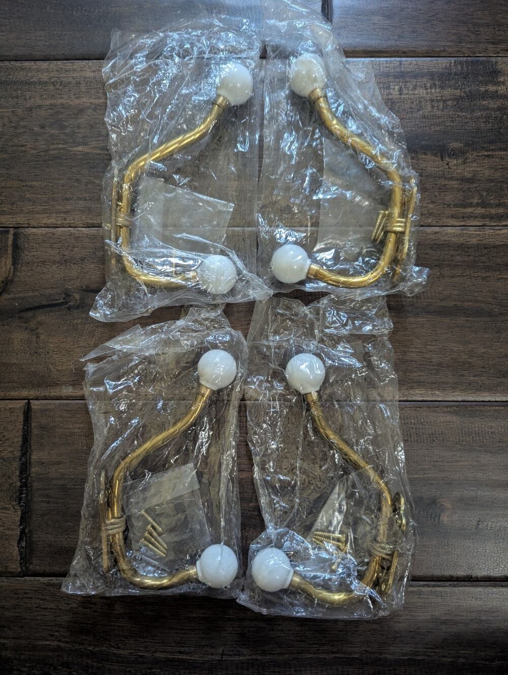 Lot Of 4 Vintage Brass Wall Mount Coat Towel Double Hook Hanger Porcelain Knobs